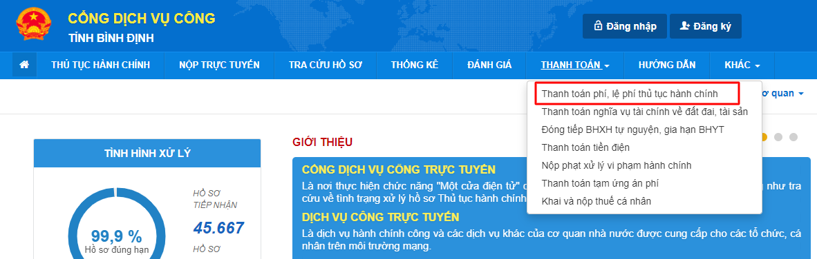 HƯỚNG DẪN THANH TOÁN TRỰC TUYẾN  TRÊN HỆ THỐNG THÔNG TIN GIẢI QUYẾT  THỦ TỤC HÀNH CHÍNH TỈNH BÌNH ĐỊNH